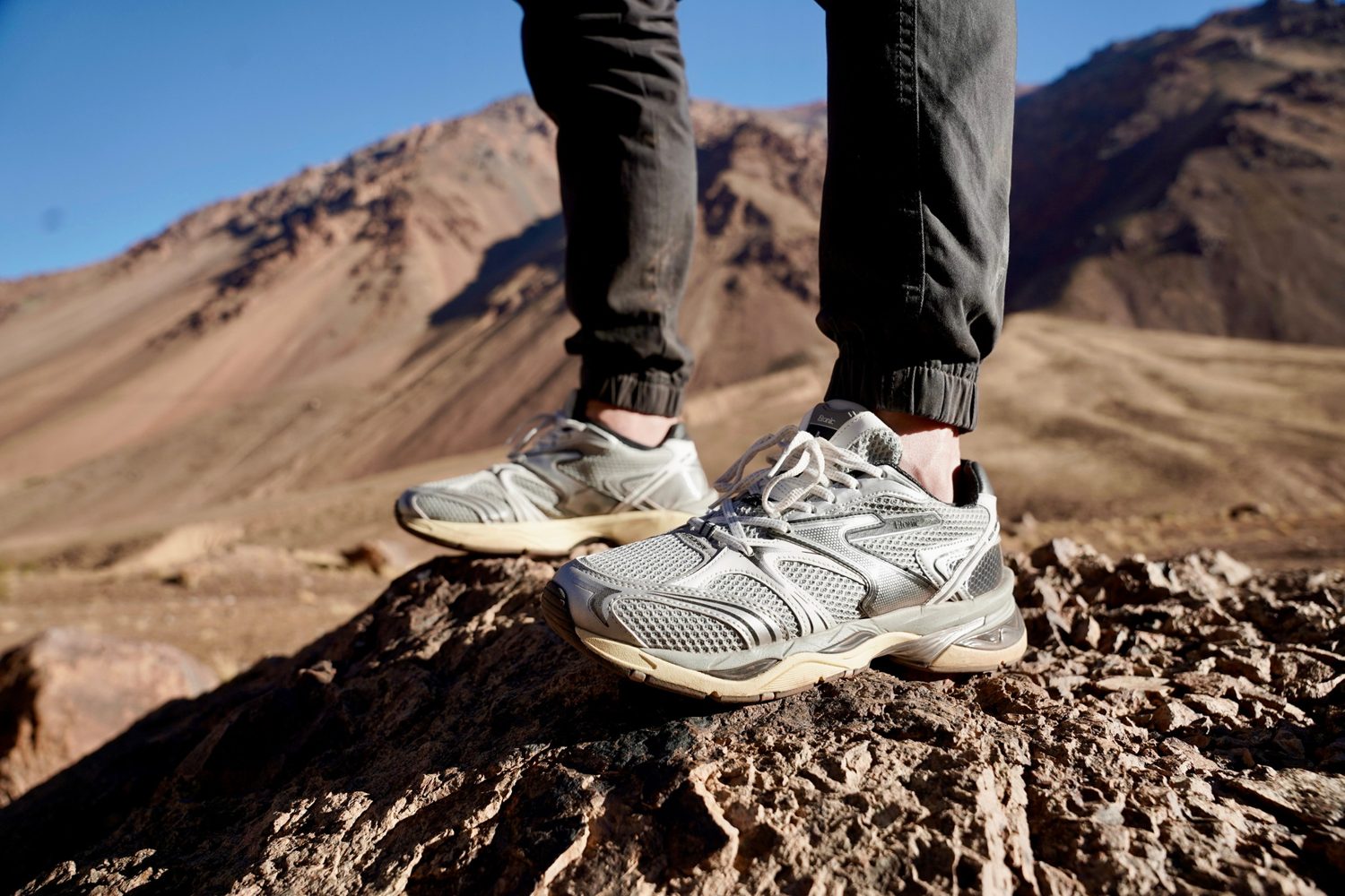 Close-up of silver running shoes on a rock, with desert mountains behind