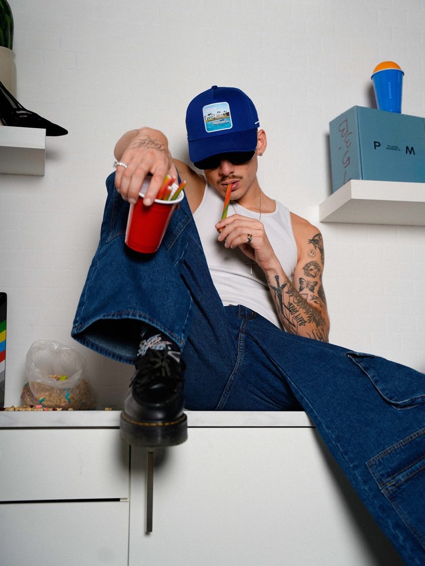 Man in a blue trucker hat lounging on a kitchen counter with a red cup