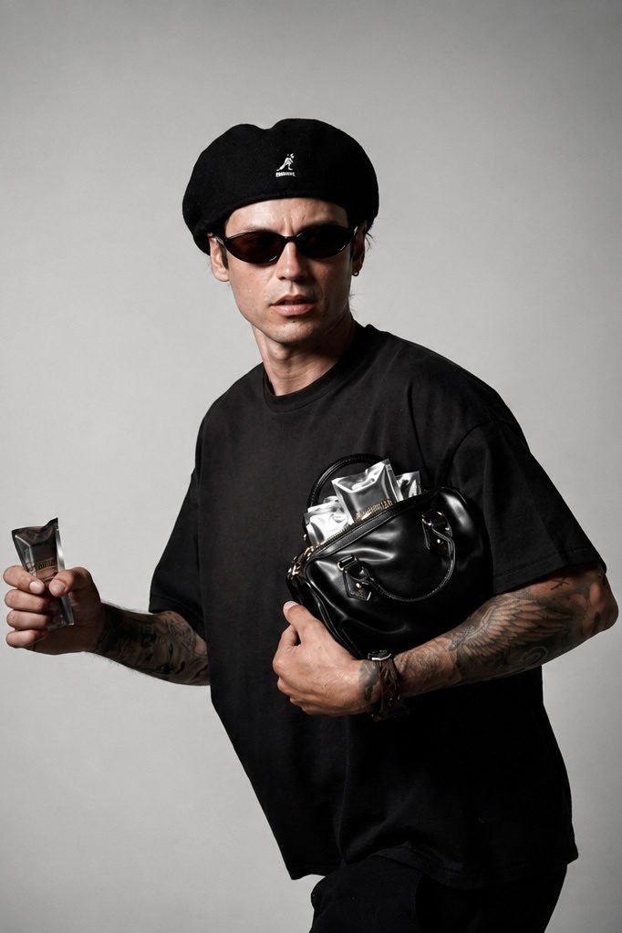 Man in a black beret and sunglasses clutching a leather bag full of snack bars